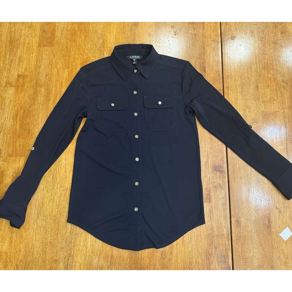 Lauren Ralph Lauren Jersey Long Sleeve Button Up Shirt Black Pockets Sz XS/P
